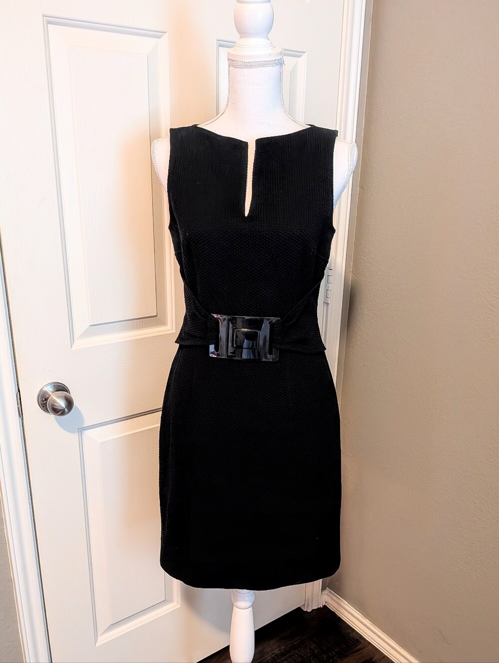 David Meister Black Sleeveless Notch-Neck Sheath Dress with Gloss Belt